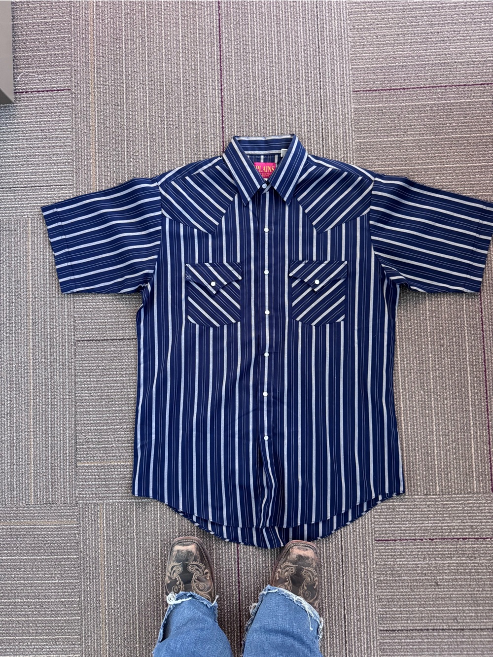 Plains Western Wear Short Sleeve Snap Shirt – Navy Stripe (M)